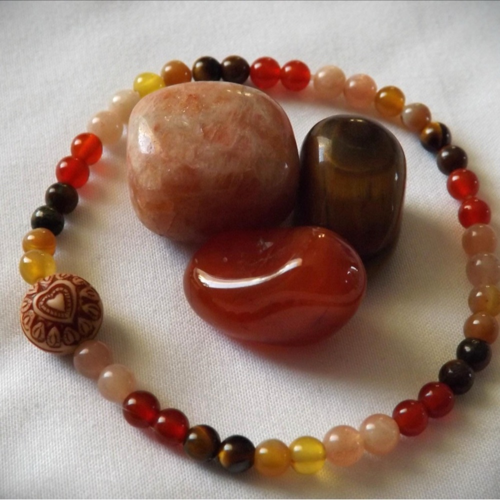 Sunstone, Carnelian, Tiger's Eye & Yellow Agate Beaded Bracelet  (4mm beads)